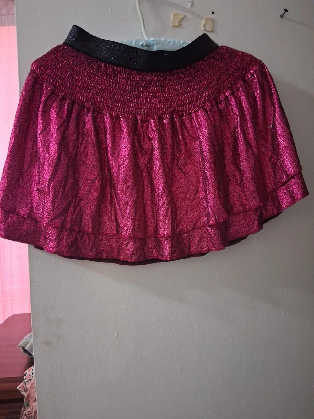 Shimmery Pink Tiered Circle Skirt with Black Waistband